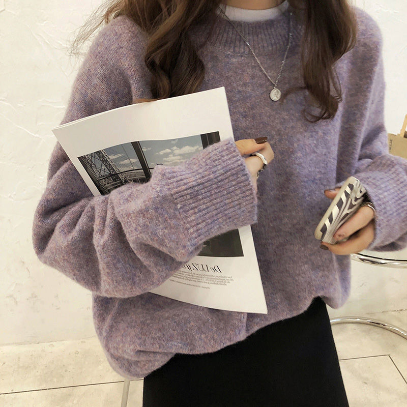圆领毛衣女秋冬季2025新款宽松复古慵懒风色套头软糯加厚针织衫|undefined