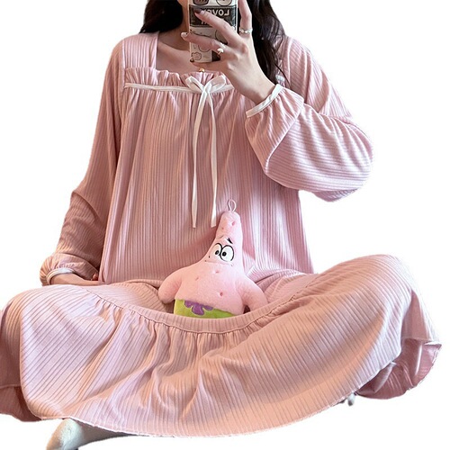Nightdress, women's spring and autumn pajamas, long-sleeved square collar, sweet students 'ins, long over-the-knee home clothes, can be worn outside