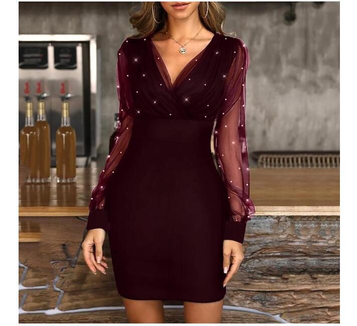 Mesh Panel Bodycon Dress with Shimmering Beads Elegant Evening Wear Perfect for Parties and Special Occasions Wholesale