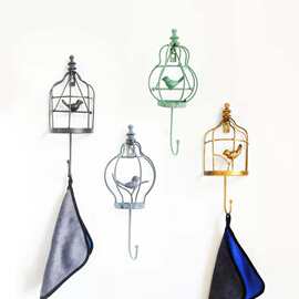 美式铁艺小鸟笼壁挂装饰挂钩衣帽钩粘钩创意家居壁饰套装钥匙复古