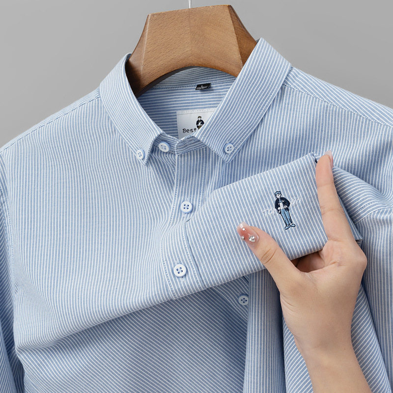 小人物刺绣长袖衬衫新品上市商务百搭竖条条纹衬衣免烫外贸跨境男