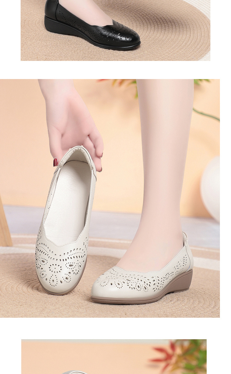 Giày nữ đế xuồng platform da thật mũi tròn, quai hậu, gót 5 cm, kiểu xỏ lỗ thoáng khí — Be (lỗ) chi tiết 11