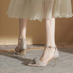 850-J10新款2022包頭淺口一字扣婚鞋高跟鞋尖頭百搭中低跟單鞋女