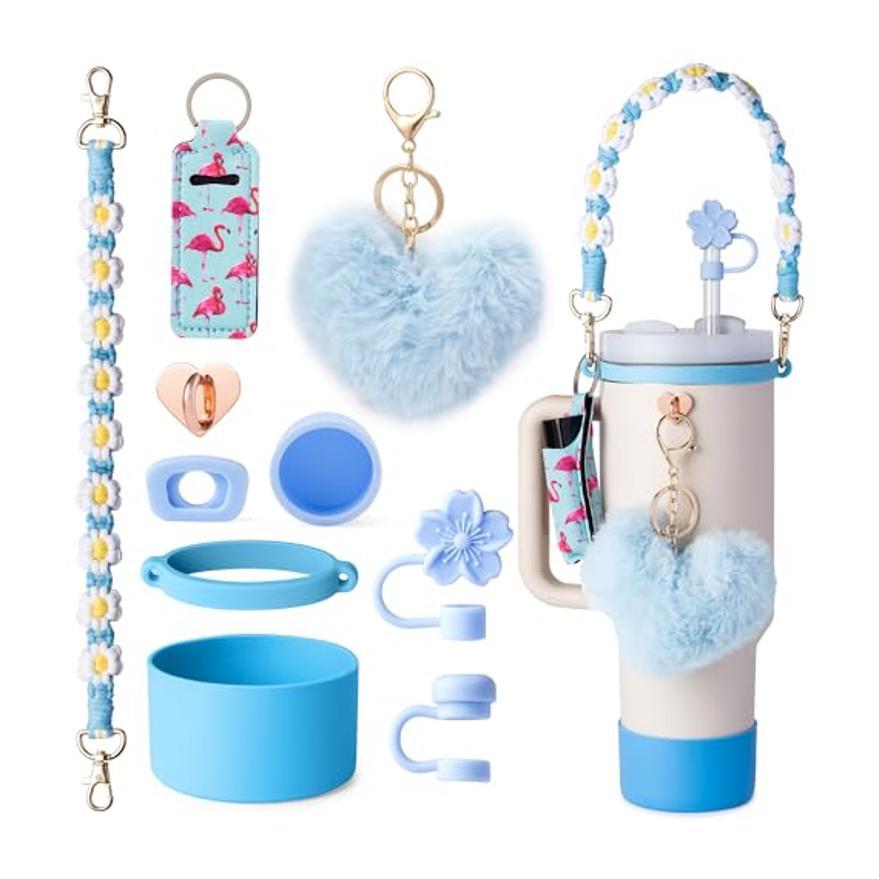 Juego de tapa de pajita de resina accesorios de taza Stanley I correa de mango de botella botas de taza de silicona soporte de lápiz labial llave linda