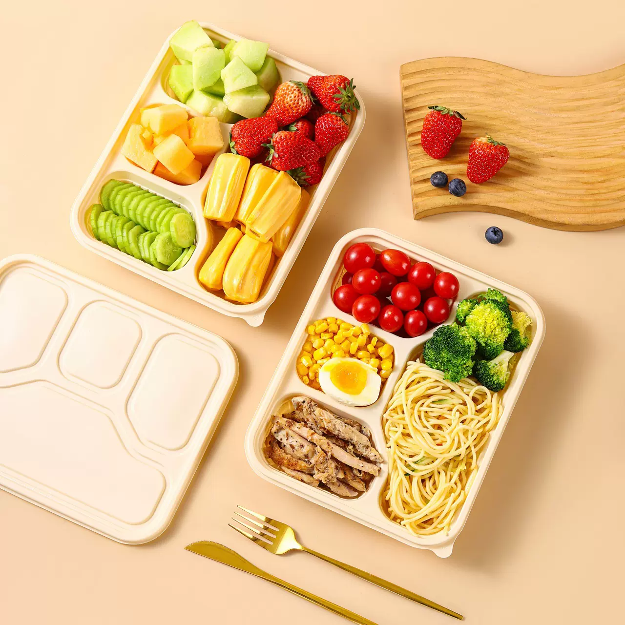 五六格餐盒玉米淀粉可降解一次性饭盒分格打包外卖快餐便当可微波