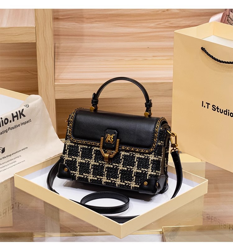 Túi xách tay da thật họa tiết houndstooth cổ điển phong cách Chanel, quai đeo chéo — Màu đen chi tiết 5