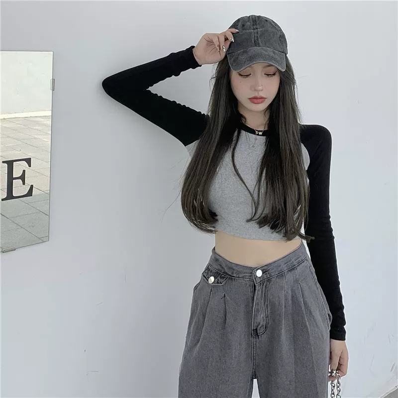 Короткий ретро лонгслив, Slim fit, облегающий, контрастные реглан-рукава (цвет 920)