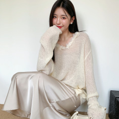 起范 法式立体花朵拼接开叉设计感圆领针织衫女广州十三行86387
