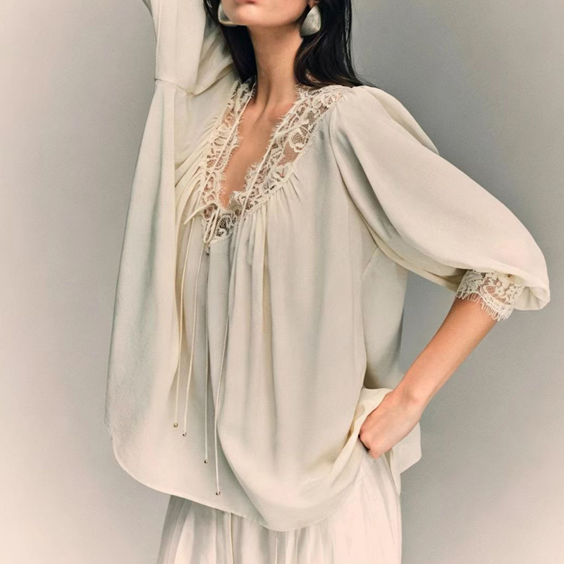 In Stock Dm French Romantic Style_6A Grade Silk Exquisite Lace Airy Blouse for Women Summer Ice Silk In Stock Dm French Romantic Style_6A Grade Silk Exquisite Lace Airy Blouse for Women Summer Ice Silk