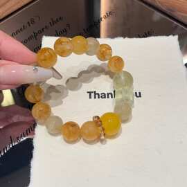 新款时尚简约小众设计黄水晶手链 轻奢方糖白水晶配饰 黄胶花手串