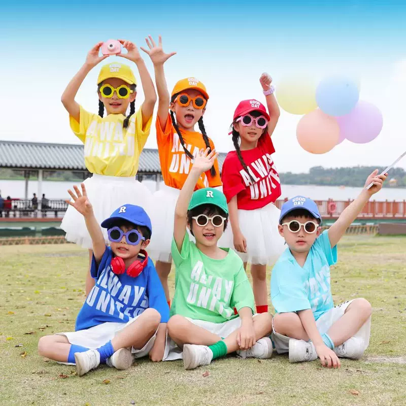六一儿童表演服装幼儿园毕业班服拍照衣服糖果色T恤啦啦操演出服