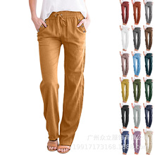 跨境大码棉麻休闲裤2024夏季款女士休闲风绑带直筒裤eBaywish