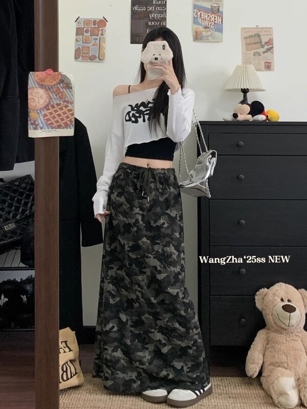 美式复古迷彩抽绳直筒半身裙女秋季新款休闲时尚显瘦垂感破洞长裙|undefined