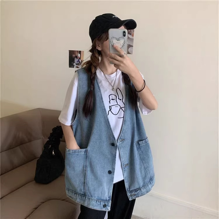 Summer Thin College-Style Denim Vest Jacket for Women, Korean Style Loose and Versatile Casual Denim Vest Sleeveless Top