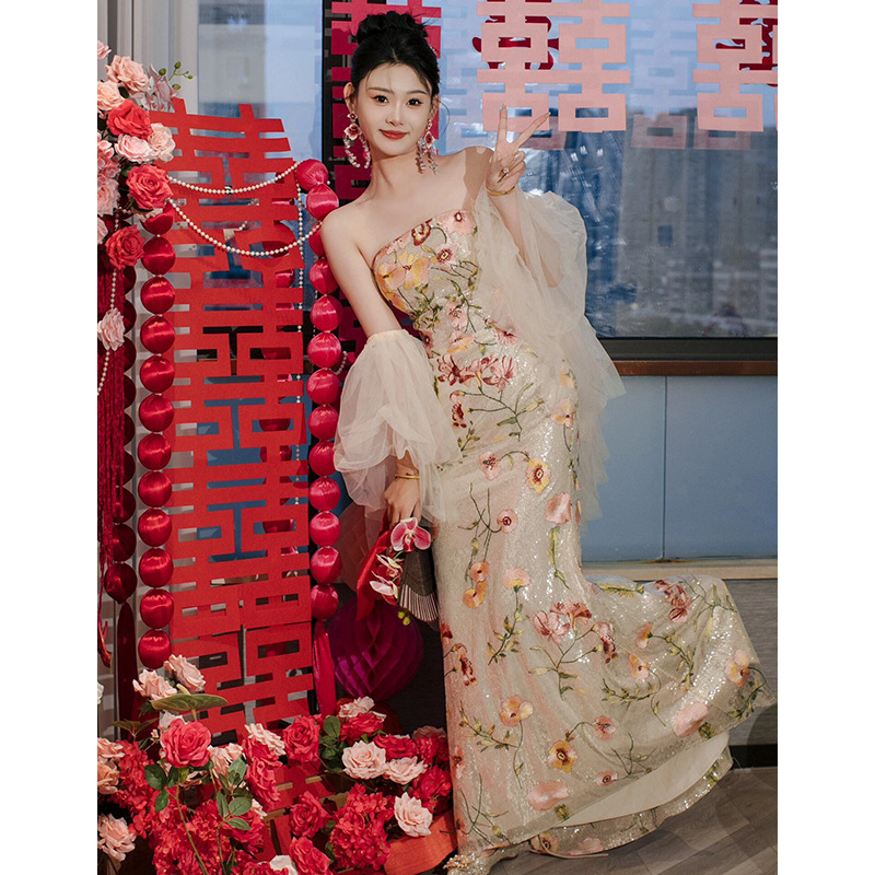 New Strapless Evening Dress Morning Gown Women's New High-end Bridal Engagement Gown Slim-fit Fishtail Slim-fit Toasting Dress