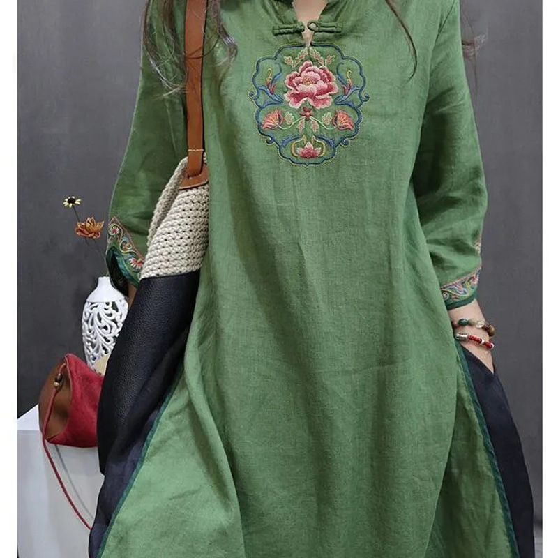 Women's Clothing National Style New Chinese Style Retro Skirt plus size Chubby Sister Spring and Autumn Embroidered Buckle Collar Shirt dress