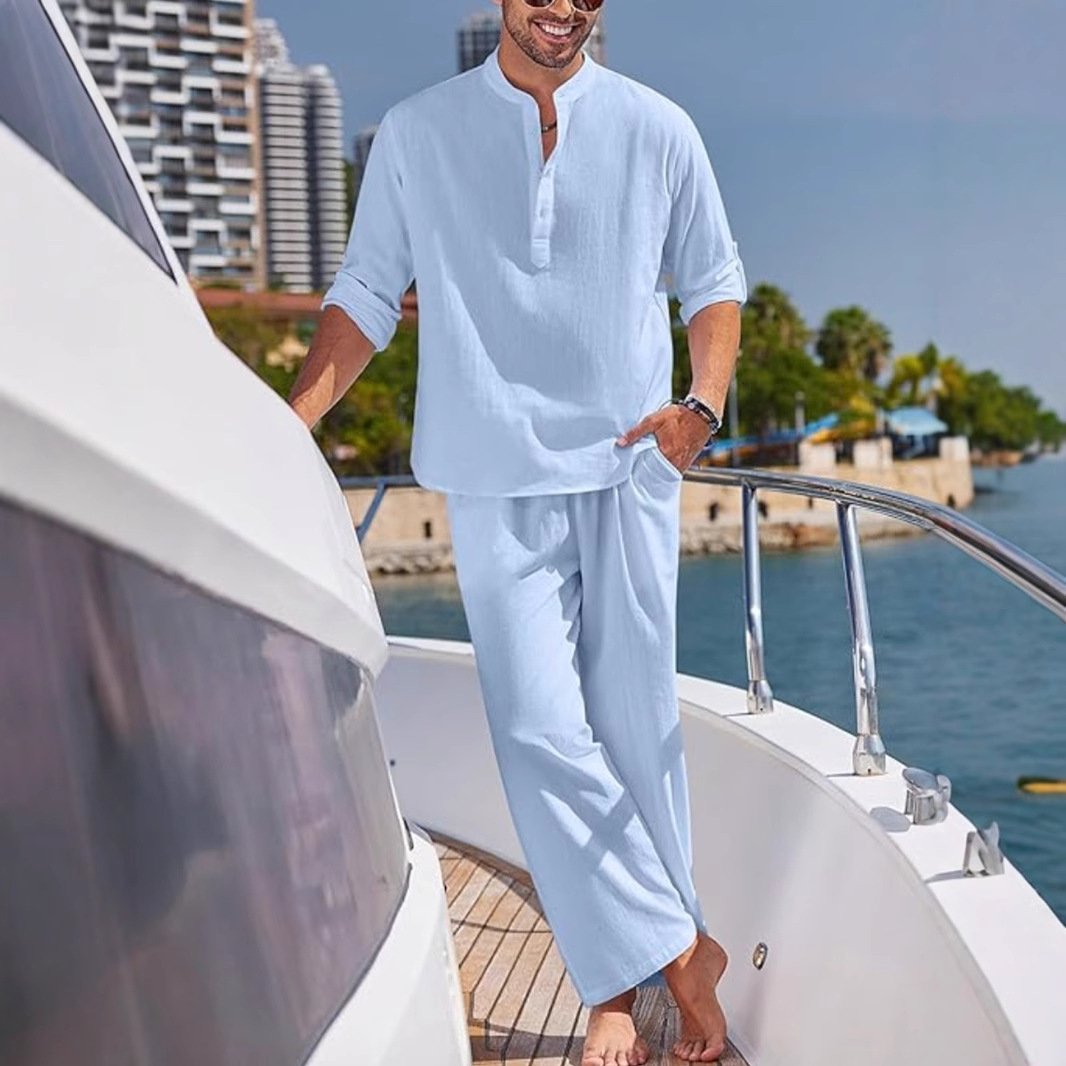 2025 primavera y otoño nuevos productos de comercio exterior Amazon hombre de color sólido camiseta casual de mangas largas camiseta pantalones largos