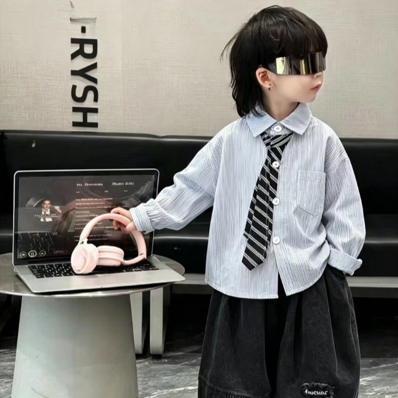 Boys' Spring and Autumn Shirt, Korean Style Striped Print Tie Shirt, Toddler's Collared Long Sleeve Loose Casual Top