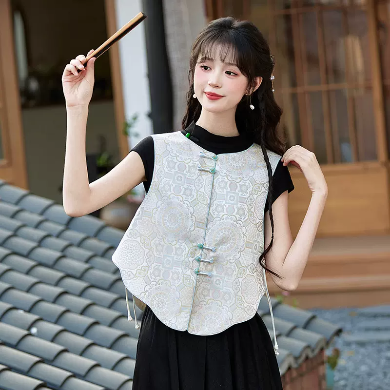 春季新款高仿宋锦提花旗袍马甲 百搭复古中国风古典韵味坠饰马甲