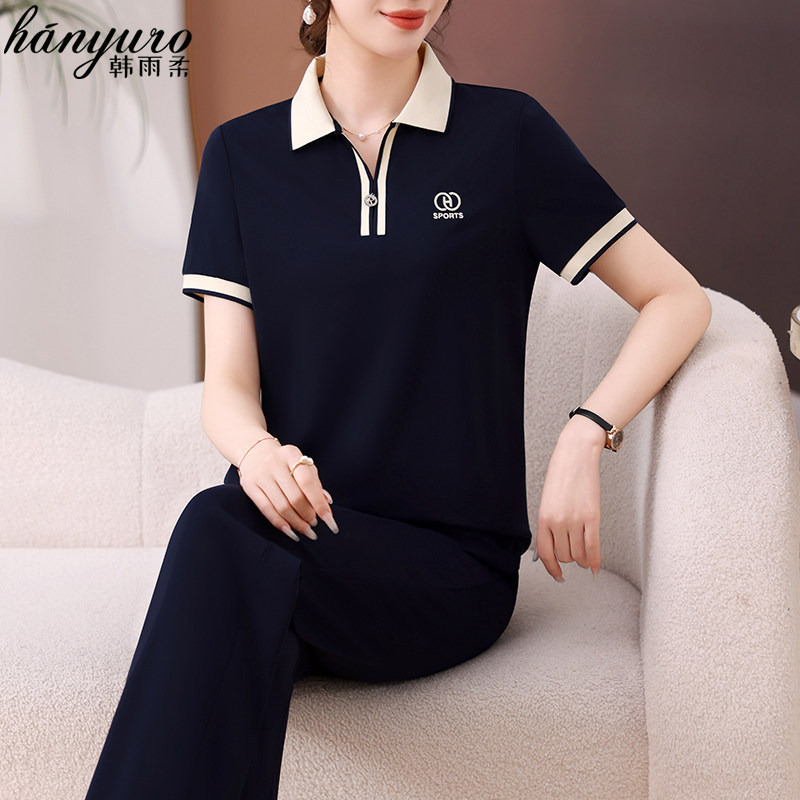 Summer Sports Suit for Petite Moms, Casual Short-Sleeved T-Shirt, Middle-Aged and Elderly Women's Summer Polo Shirt Top