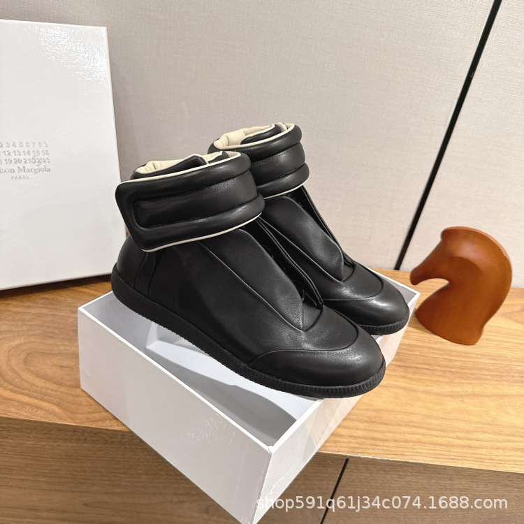 De Xun Shoes Mm6 High-Top Genuine Leather Sports Casual Shoes Double-Ear Martin Boots with Velcro Flat Men's Shoes Cowhide