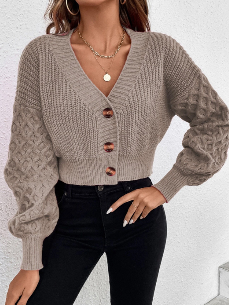 Transfronterizo Amazon comercio exterior V-collar mono hebilla suéter chaqueta de diseño de color sólido europeo y americano sensación de caída de hombro manga cardigan de punto image 3