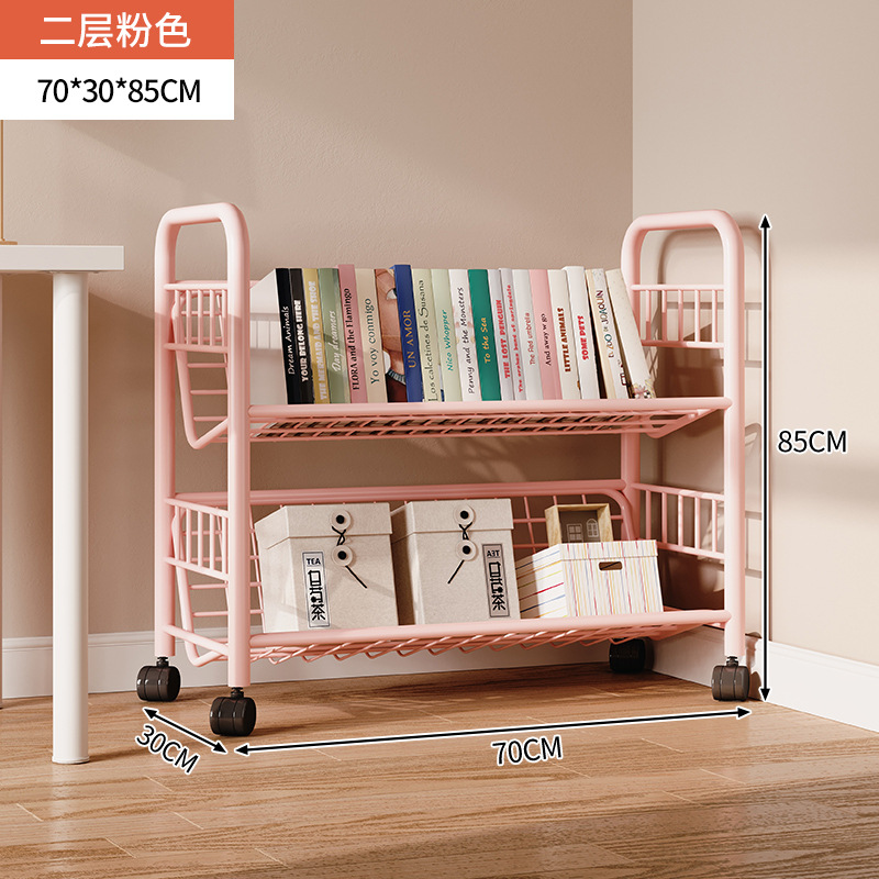 Estante de libros para niños Estante de almacenamiento de hierro forjado contra la pared Estante de almacenamiento de piso Estante de ruedas plegable móvil junto al escritorio