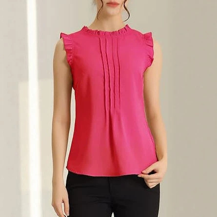 Summer New Style Pleated Stand-Collar Pullover Chiffon Shirt for Women 2026 European and American Style Elegant Commuting Solid Color Versatile Sleeveless Top