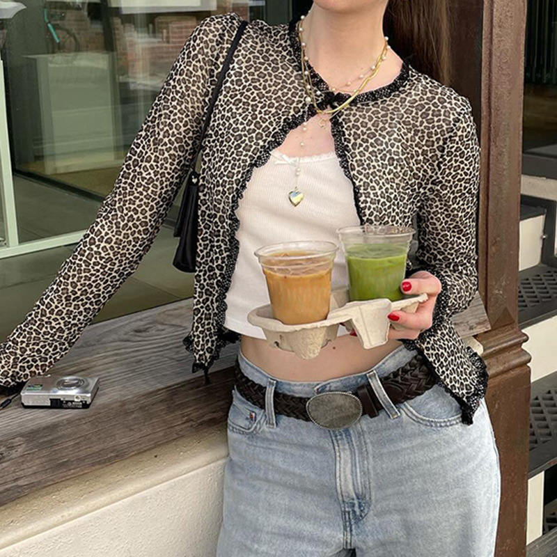 欧美辣妹豹纹蕾丝开衫早秋小众设计感百搭修身复古动物纹长袖上衣