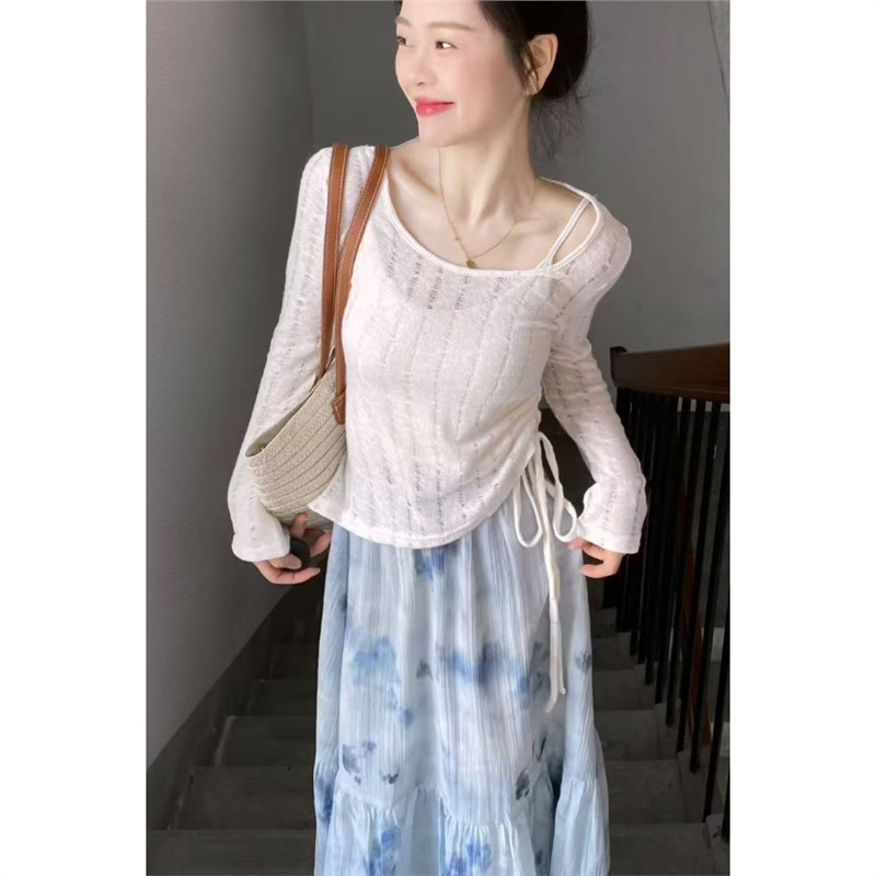 夏季法式2025搭配一整套新款镂空长袖碎花气质罩衫半身裙套装