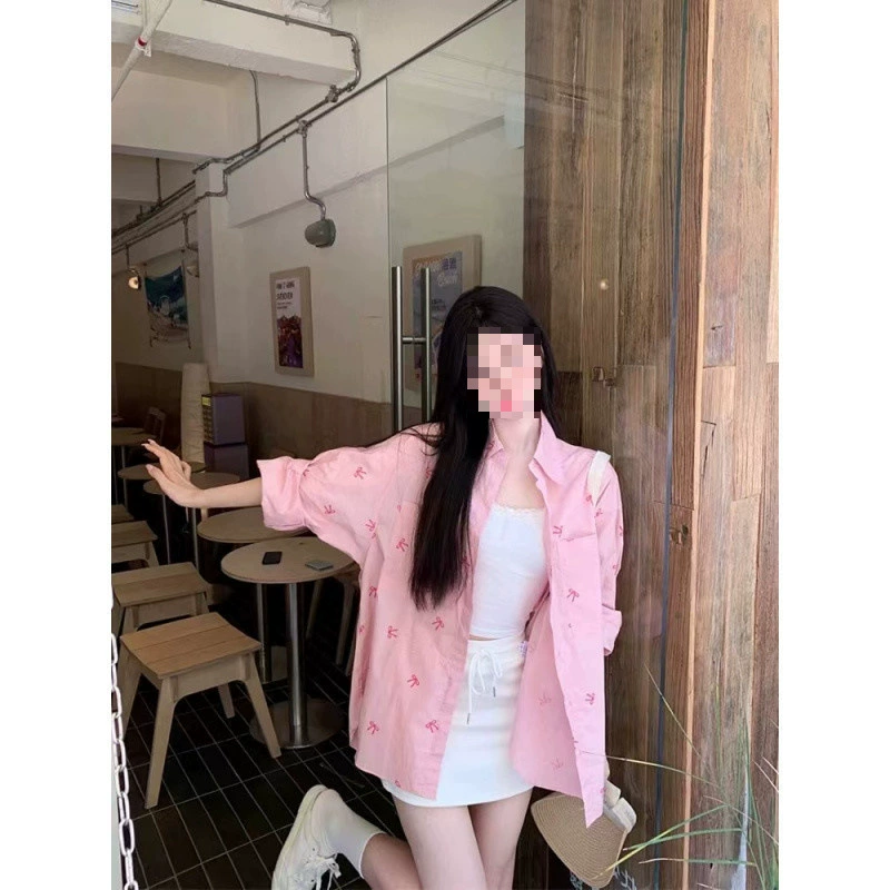 YS8 розовая рубашка с длинными рукавами и принтом банта для женщин, летняя новая милая солнцезащитная свободная рубашка средней длины, кардиган