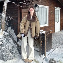 皮毛一体羊羔毛外套女2024冬新款复古机车风宽松加厚短款棉服氨纶