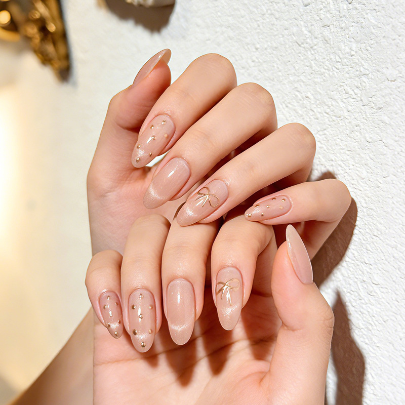Cross-Border Almond-Shaped Gilded Bowknot Polka Dot French Curved Crescent Cat Eye Press-On Nails Sweet Nail Art Nail Pieces
