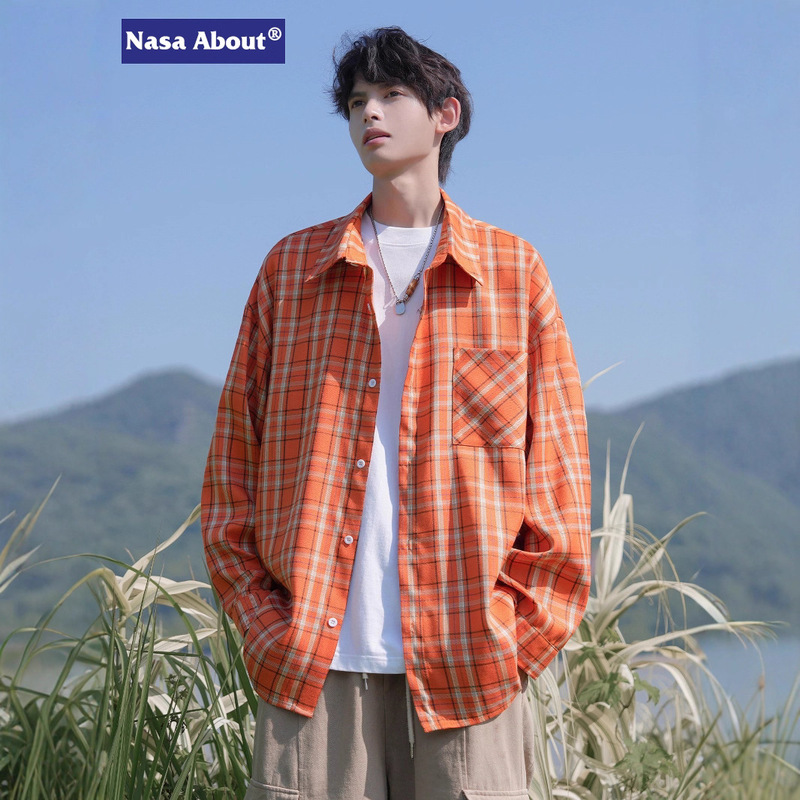 Nasa American-Style Orange Plaid Long-Sleeved Shirt for Men, Spring, Autumn and Summer Trendy Brand Loose Large Size Casual Fashion Shirt