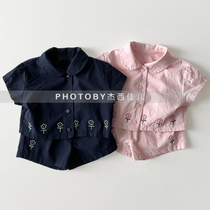 Ins Korean Style Boys and Girls Summer New Flower suit Children's Fashionable Lasel Short-sleeved Shorts Casual Two-piece Set