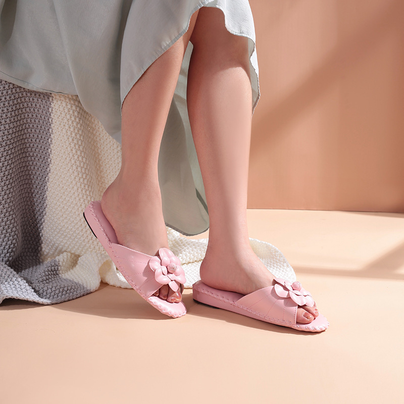 簡約花朵皮拖鞋女四季居家室內防臭辦公室軟底靜音 女士 皮拖鞋