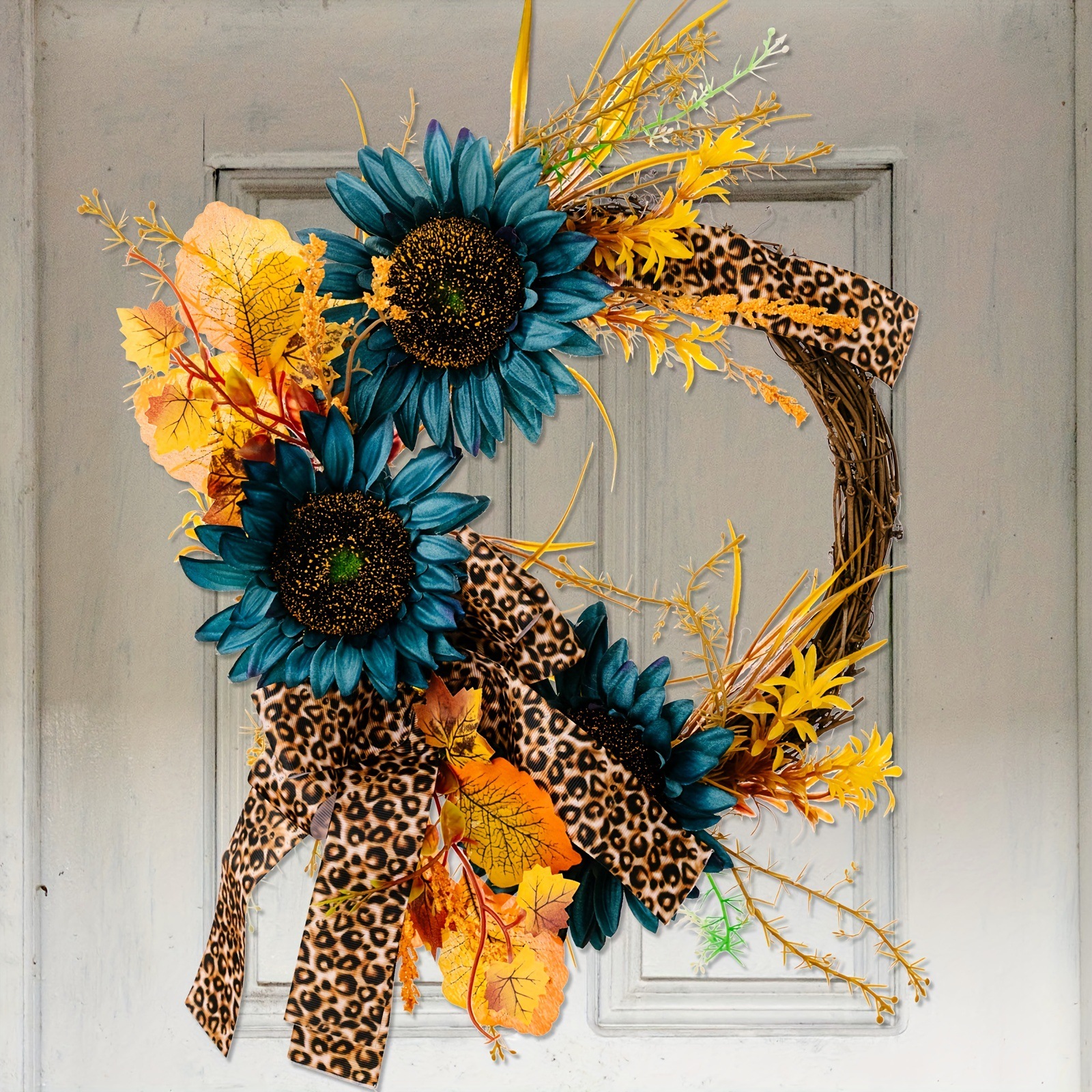 Blauer Sonnenblumenkranz für den Innenhof, Leopardenband, abgestorbener Zweig, Türdekoration, Blumen- und Weinkreis, Wandbehang, Erntezeitkranz_voghion.com