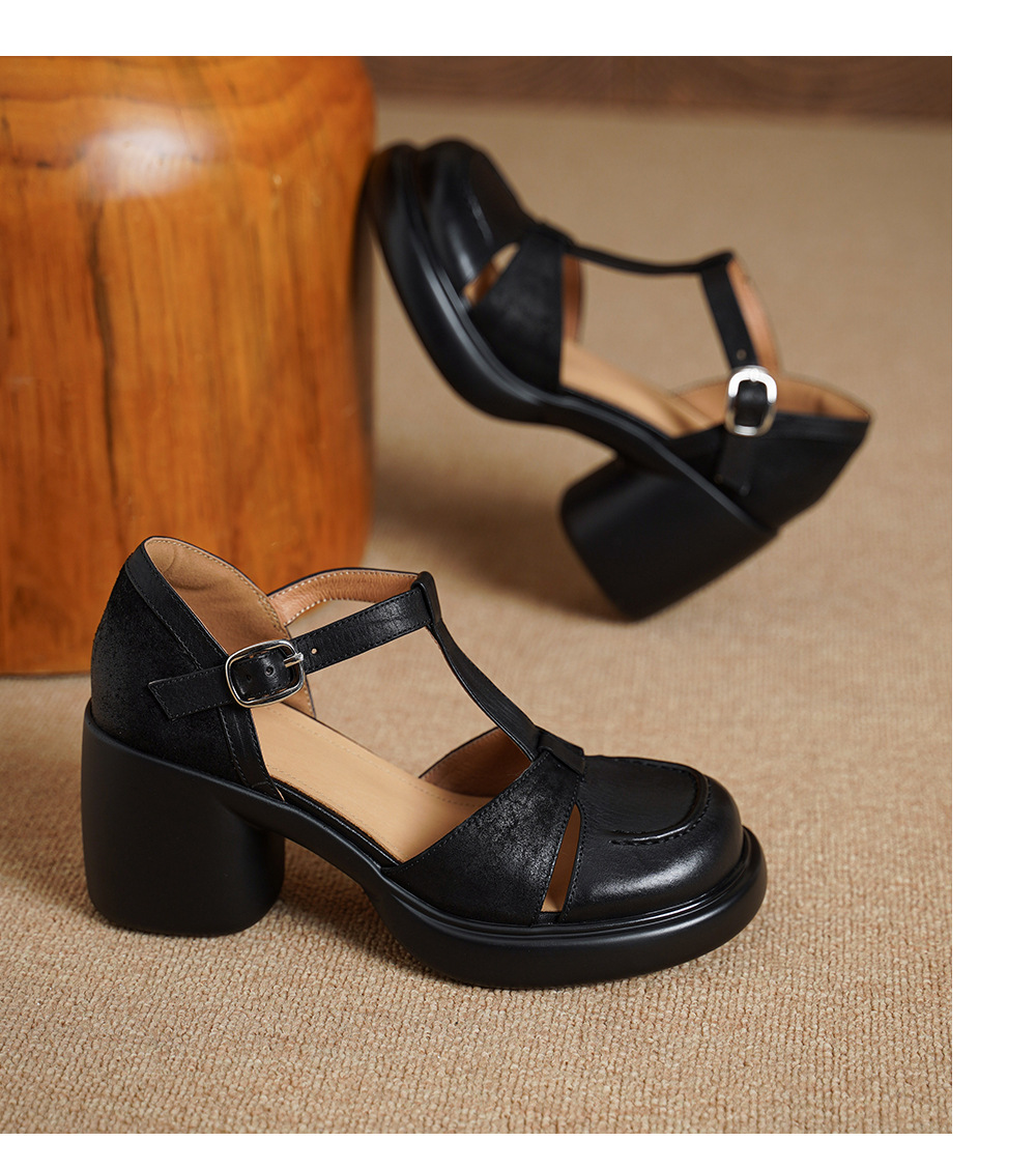Sandal nữ cao gót mũi nhọn quai chữ T da bò, gót 8 cm — đen chi tiết 15
