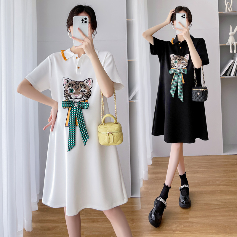 Plus Size Maternity Summer Dress Set Trendy Mom Polo Collar Top Petite Loose Slimming T-Shirt Dress