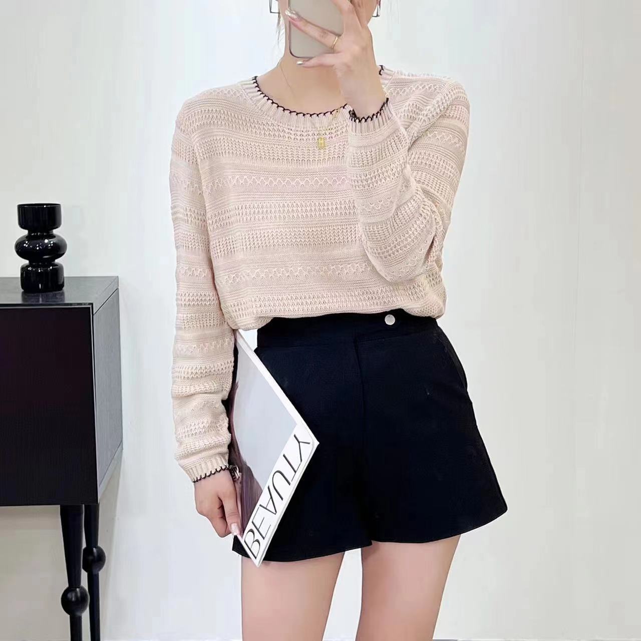 Yms014 Autum Pullover Long-Sleeved Knitwear for Women Thin Color-Blocked Carved Bottoming Shirt Round Neck Loose Top