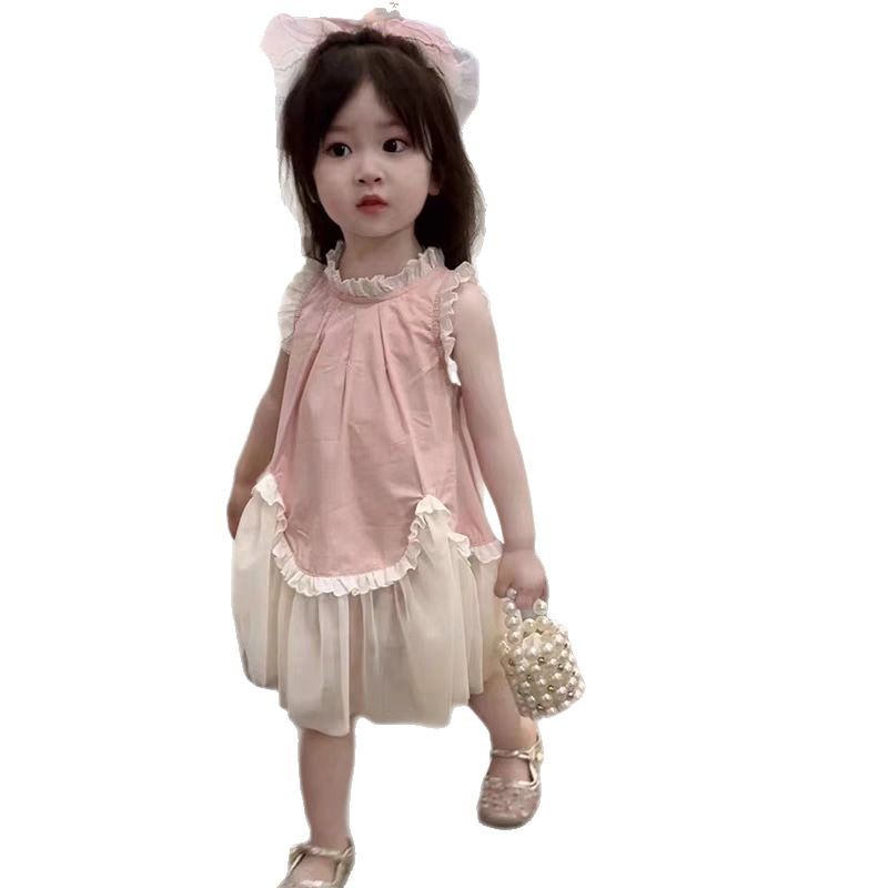 Vestido azul de estilo occidental con orejas de madera para niñas, vestido de chaleco sin mangas para niños pequeños y medianos, vestido de verano de encaje dulce