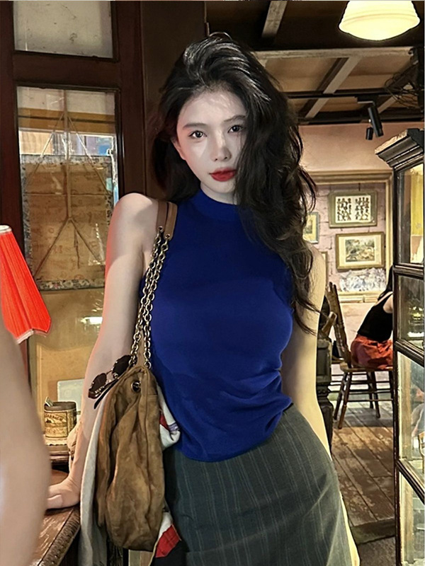 冰丝辣妹纯欲修身针织半高领背心女2025夏季新款圆领名媛气质上衣|undefined