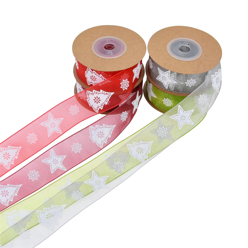 Transfronteriza 2,5 cm espuma de impresión árbol de Navidad cinta de hilo de nieve Navidad flores regalo embalaje cinta de poliéster en stock