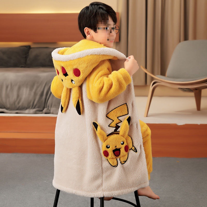 儿童睡衣男童珊瑚绒秋冬季中大童小孩法兰绒睡袍加厚款家居服套装