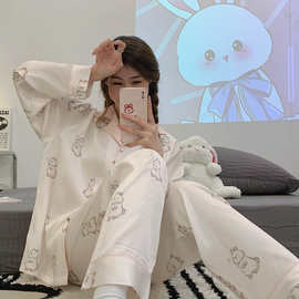 睡衣女长袖开胸高密度冰雪丝兔子家居服套装M-XXL码简约风睡衣
