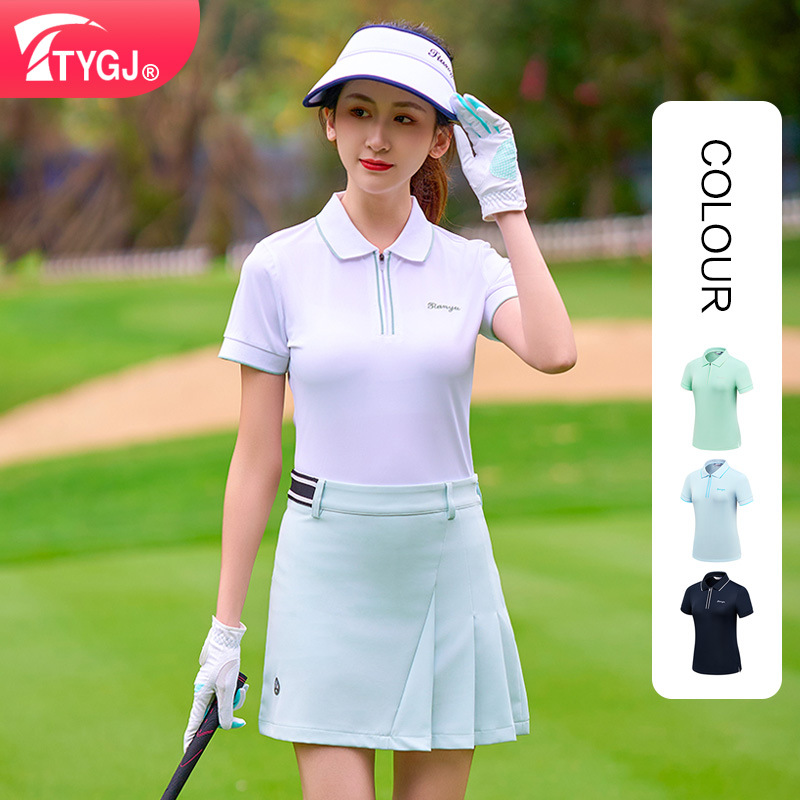 2024 Summer Thin Golf Women's Stretch Short Sleeve Solid Color Zipper Collar Polo Shirt Sports Short Sleeve T376