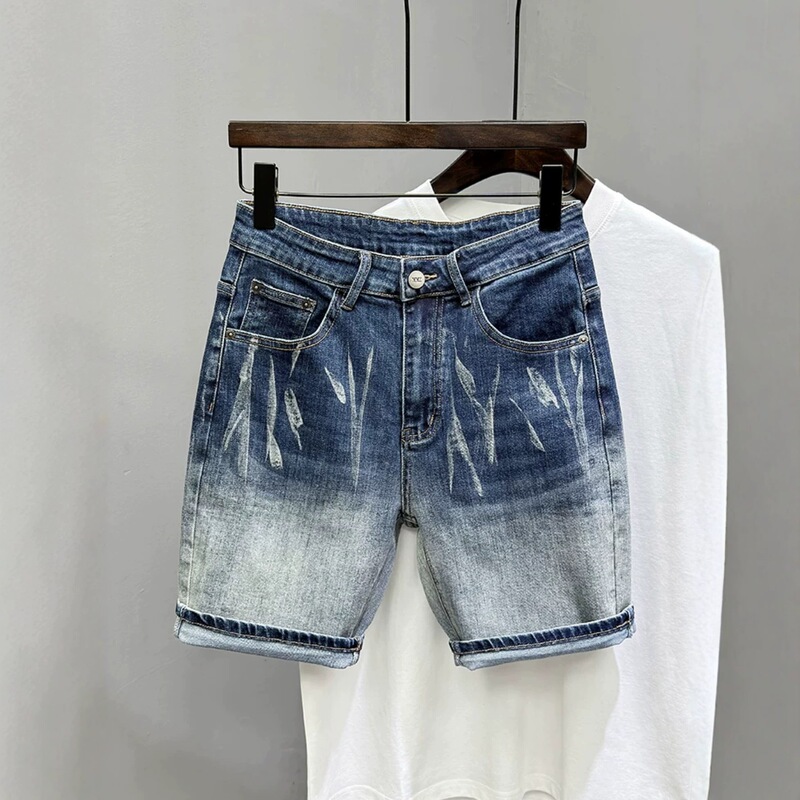 Men's Ripped Denim Shorts, Summer Thin Style, Printed and Distressed, Slim Fit, Versatile Korean Style Trendy Five-Point Pants