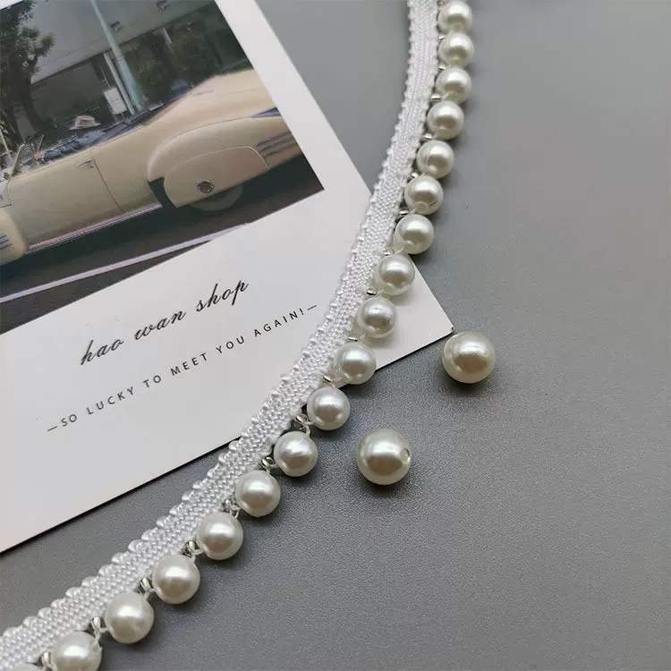 现货手工钉珠花边 珍珠单边钉珠蕾丝织带 汉服花边带装饰辅料条码