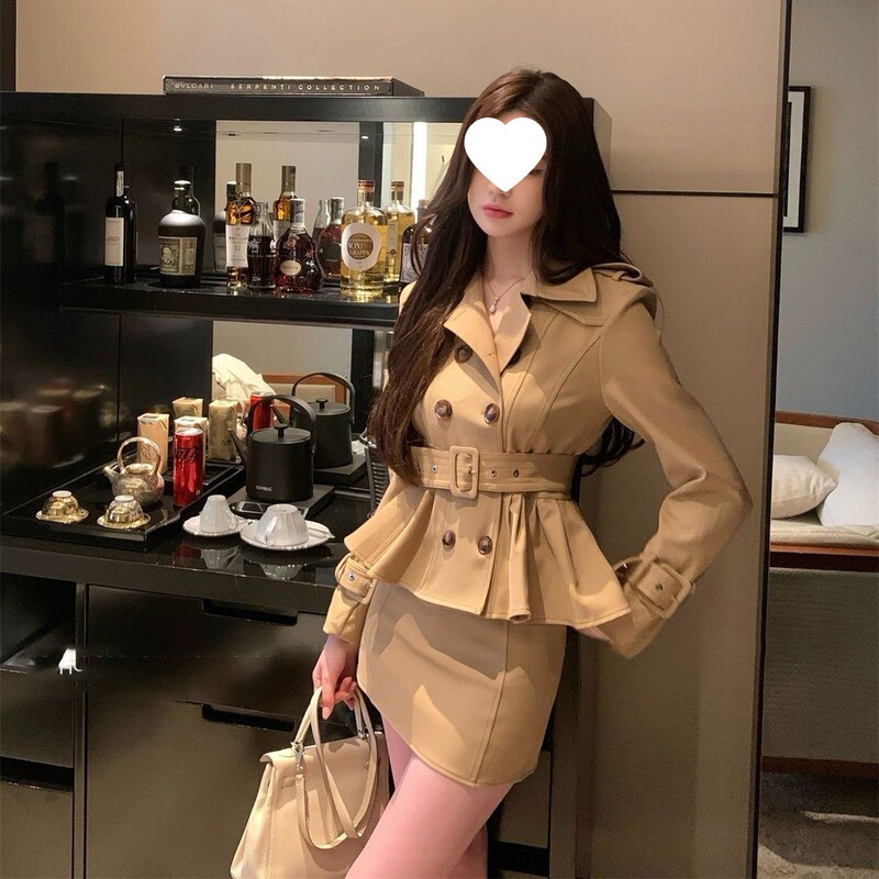 迷雾柏林 卡其双排扣外套女春秋+裙裤两件套秋季收腰气质裙套装|undefined
