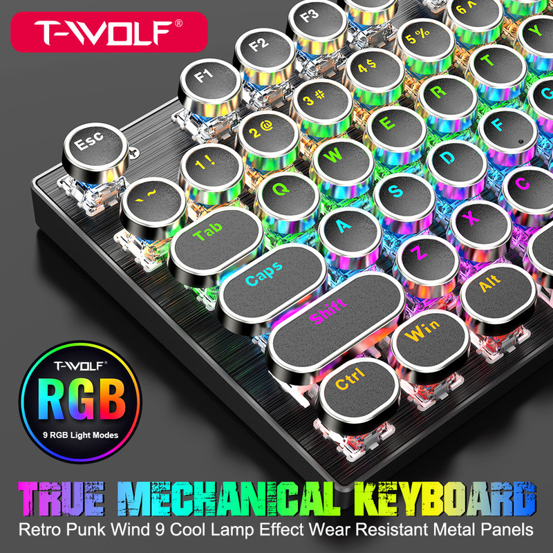 T-Wolf T75 Punk Retro Mechanical Keyboard Round Keycaps E-Sports Gaming Thai Russian Korean Keyboard